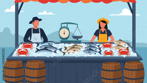 Male and female fishmongers stand behind a market stall filled with fresh fish and crabs on ice with wooden barrels in the foreground.