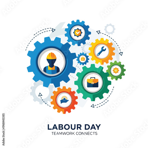 Colorful gears, worker icon, briefcase & wrench represent labor