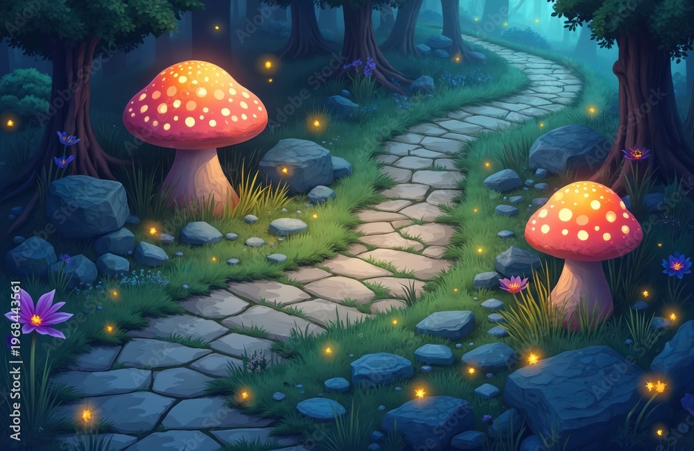 Obraz premium Isometric digital illustration of a forest path at night. Large glowing mushrooms and purple flowers line a stone walkway. Small magical lights float around the path and forest floor.