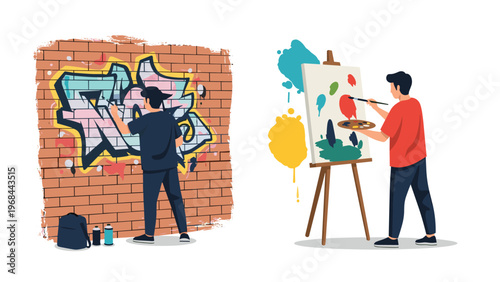Illustration compares a graffiti artist spray painting a brick wall with a fine art painter using a brush and palette on a canvas.