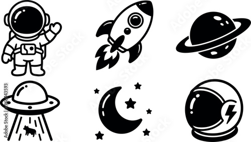 Black and white space icons with astronaut rocket moon and planets