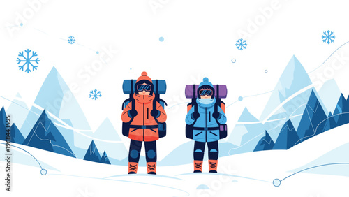 Adventurous hikers equipped with heavy winter gear and backpacks stand amidst a snowy mountain range with falling snowflakes.