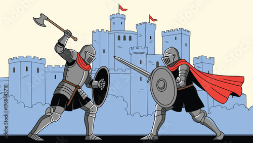 Two medieval knights clad in full metal armor engage in a fierce battle with a sword and axe before a large blue castle.