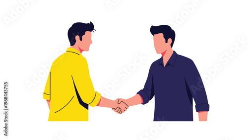 Two men in yellow and blue shirts shaking hands to greet each other or reach a friendly agreement in a simple setting.