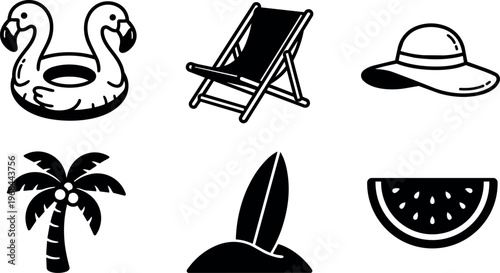 Summer vector icons flamingo float deck chair palm hat surfboard watermelon
