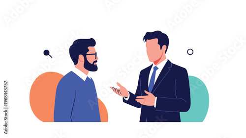 Two professional men in business attire engage in a serious conversation or discussion against a clean white background.