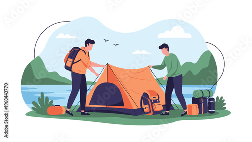 Two young men work together to set up an orange tent while camping in a beautiful landscape with mountains and a lake.