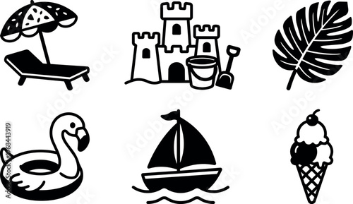 Black and white summer icons including beach chair umbrella flamingo float sailboat sandcastle and ice cream cone