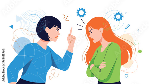 Two women engage in a heated argument with angry facial expressions and defensive body language during a major conflict.