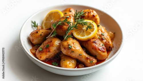 Yassa chicken legs in sauce with lemon slices and rosemary. Savory poultry dish with onions and herbs. Delicious meal prepared for serving. Food photography for recipes.