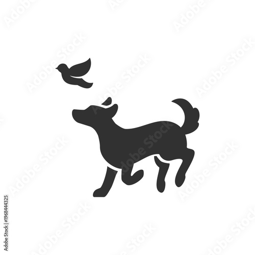 Dog chasing bird icon. Playful pet behavior and animal interaction concept. Monochrome black and white symbol