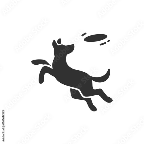 Dog catching flying disc icon. Pet play and frisbee game concept. Monochrome black and white symbol