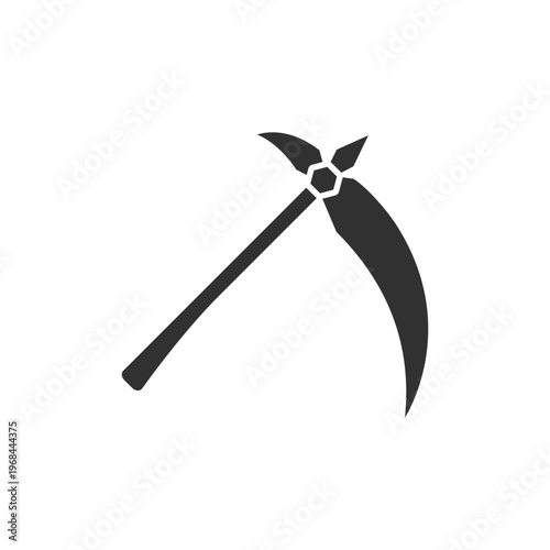 Fantasy scythe weapon icon. Dark fantasy blade and magical polearm. Monochrome black and white symbol