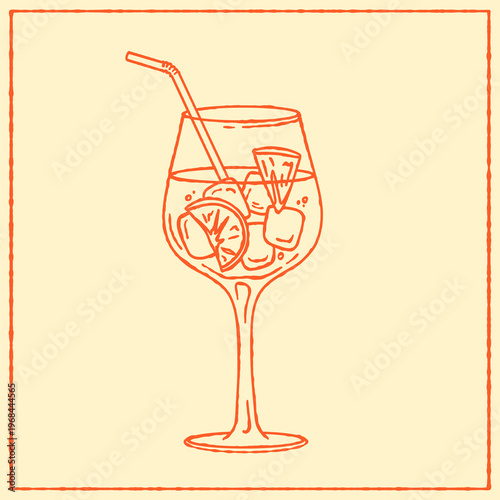 Hand-drawn Aperol Spritz cocktail in a minimal line-art style with an orange slice. Ideal for bar menus, seasonal promotions, social media, posters, and modern restaurant design.