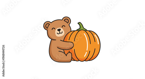 Brown bear holding orange pumpkin.