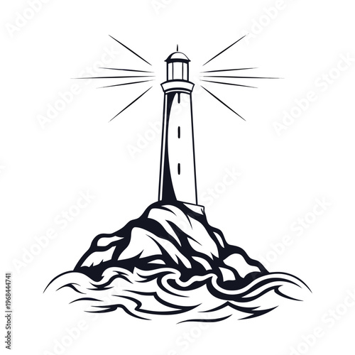 Silhouette of a Tall Coastal Lighthouse Standing on a Rocky Shore, Nautical Vector Illustration for Maritime Design