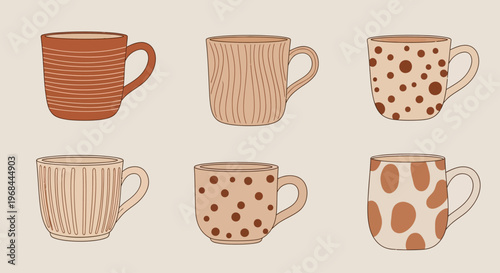 Set of six ceramic coffee mugs with various simple patterns and earthy tones.
