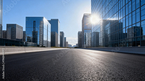 Modern Urban Cityscape with Empty Road and Glass Buildings