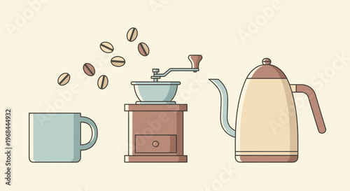 Illustration of coffee preparation with cup grinder and kettle.