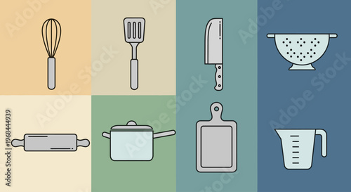 Set of kitchen utensils and cooking tools icons in flat design style.