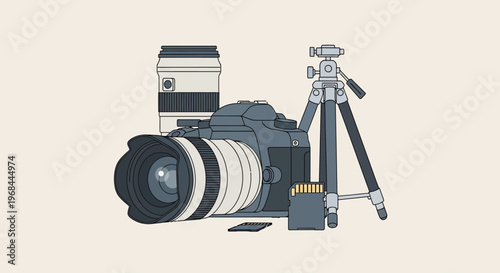 Illustration of a professional DSLR camera with a tripod and memory card.