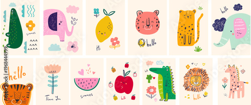 Funny baby prints with cute animals. Kids design. Baby cards and posters