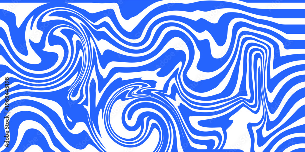 Fototapeta premium Blue wavy lines abstract background. Trendy psychedelic retro style backdrop. Waves, swirl and twirl pattern. Twisted distorted vector texture. Y2k aesthetic design