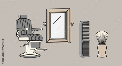 Illustration of classic barber chair with mirror, comb, and shaving brush.