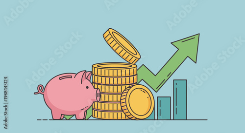 Financial growth concept with piggy bank and rising arrow symbolizing savings and investment.