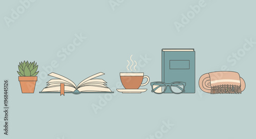 Cozy reading setup with open book, steaming cup, glasses, and blanket.
