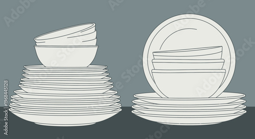 Stacks of white ceramic plates and bowls for home equipment on a gray background, simple line illustration with a minimalist style and neutral color palette.