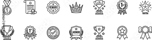 award and achievement line icons set, medal trophy badge certificate success winner recognition quality assurance emblem ribbon and star vector outline icon collection on transparent background