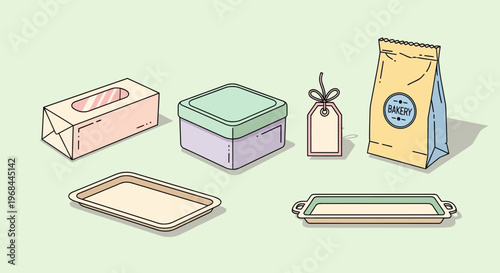 Set of various packaging boxes and bags for retail or gift items in pastel colors.