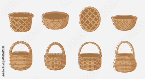 Flat lay of various woven baskets and containers made of natural fibers for home equipment and storage on a clean white background.