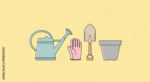 Set of gardening tools including watering can gloves shovel and pot on yellow background.
