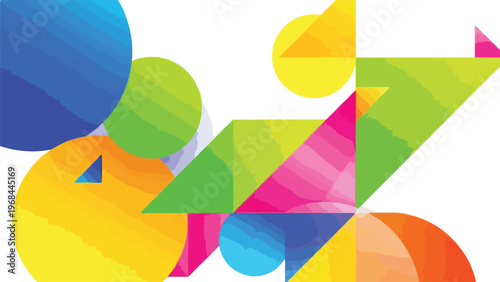 Colorful, geometric abstract artwork with layered shapes