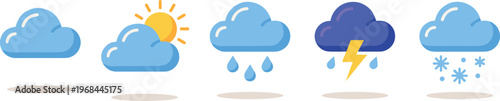 weather forecast icons set, cloud sun rain storm lightning and snow symbols, climate meteorology sky conditions flat vector illustration collection on transparent background
