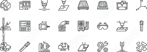 cnc manufacturing and industrial machine line icons set, milling lathe drill laser cutting tool automation engineering programming and gcode technology vector outline icon collection on transparent 