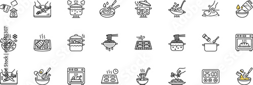 cooking and kitchen process line icons set, food recipe culinary chef pan pot boiling frying baking cutting knife mixing stirring grill and oven vector outline icon collection on transparent 
