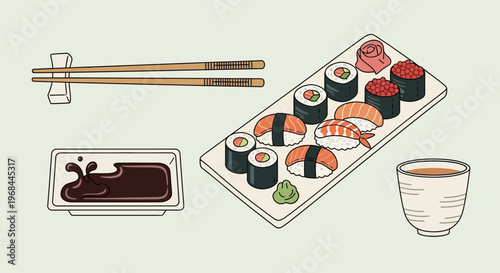 Assorted sushi platter with soy sauce and chopsticks on table.