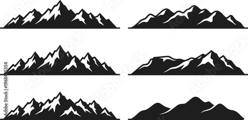 mountain range silhouette icons set, alpine peaks rocky landscape summit terrain and outdoor adventure vector illustration collection isolated on transparent background