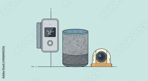 Collection of smart home devices including thermostat voice assistant and security camera.