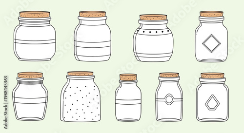 Set of various empty glass jars with cork lids in simple line art style.