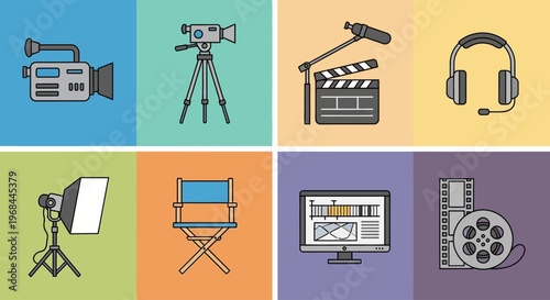 Set of colorful icons representing film and video production equipment and tools.
