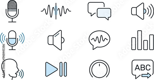 audio and sound communication line icons set, microphone speaker volume voice signal speech waveform playback control and media broadcast vector outline icon collection on transparent background