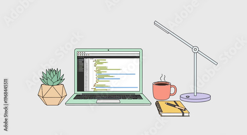 Workspace setup with laptop displaying code and desk accessories.