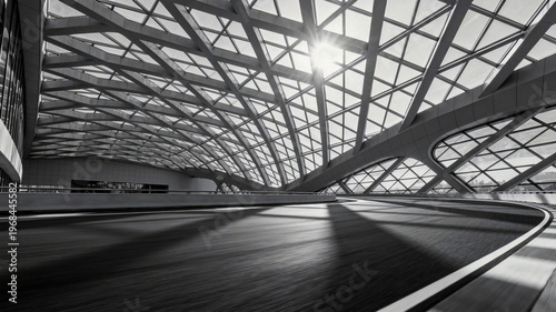 Modern Architectural Interior with Curved Structure and Glass Roof