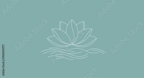 Minimalistic white lotus flower line art on teal background symbolizing peace and tranquility.