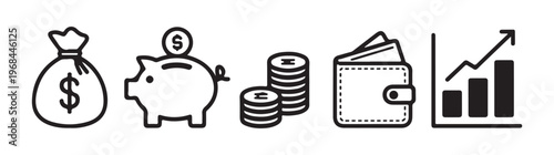 Set of financial management line icons: money bag, piggy bank, coin stacks, wallet, and financial chart.