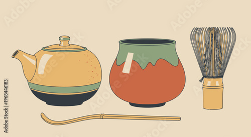 Traditional Japanese tea ceremony utensils including teapot, tea bowl, and bamboo whisk.